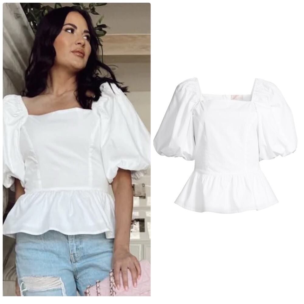 RACHEL PARCELL Puff-sleeve Peplum Top In White